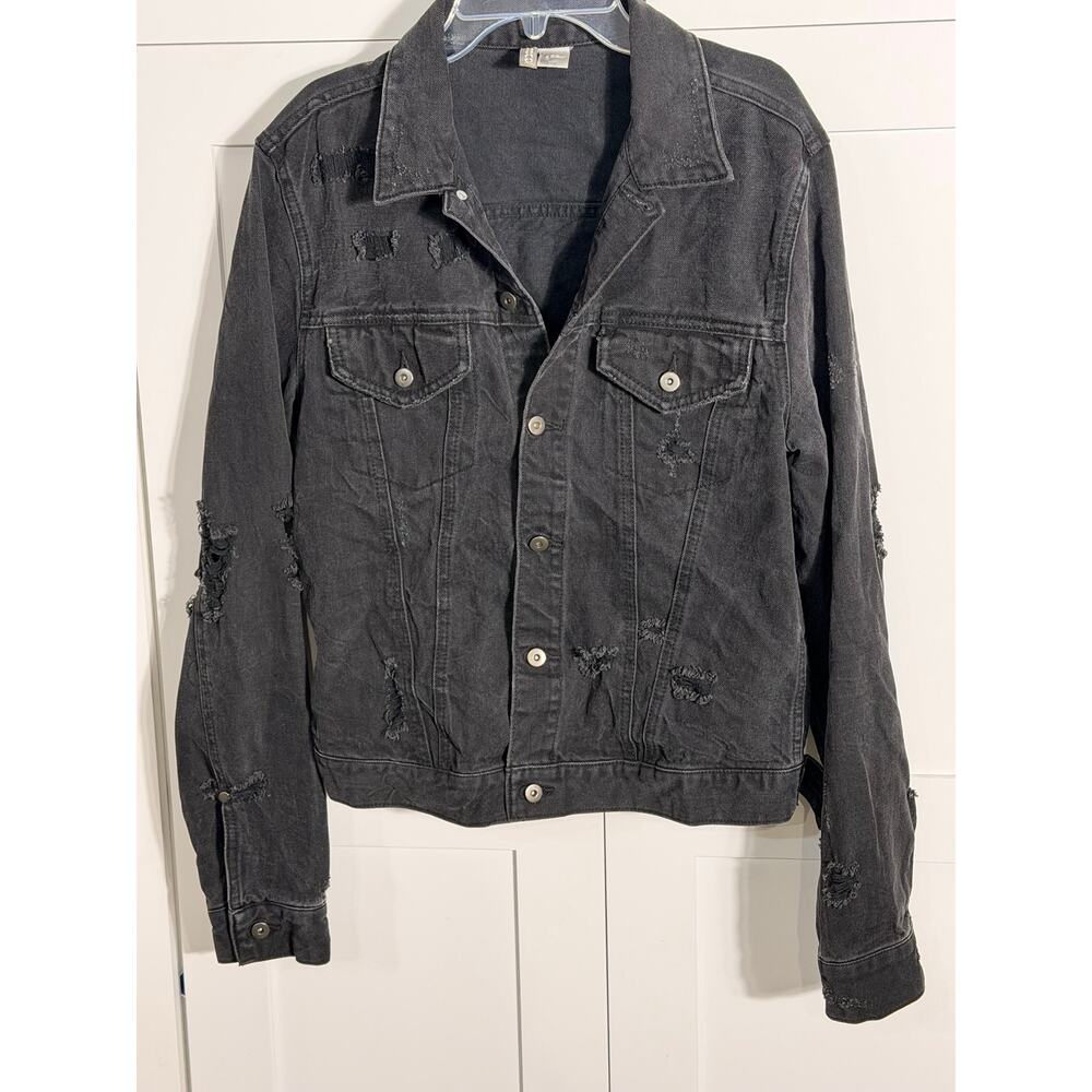 H&M Divided Distressed Black Denim Jacket Women’s Small Classic Fit